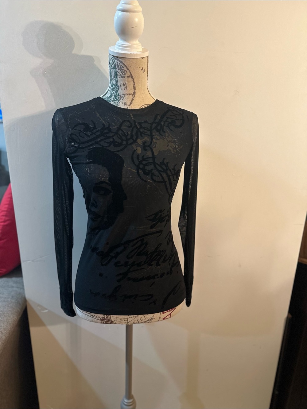 Sheer Black Long-Sleeve Graphic Mesh Top